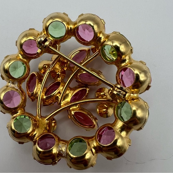 Colorful Pink & Green Rhinestone Brooch w/ Faux Pearl Flowers - Picture 4 of 5